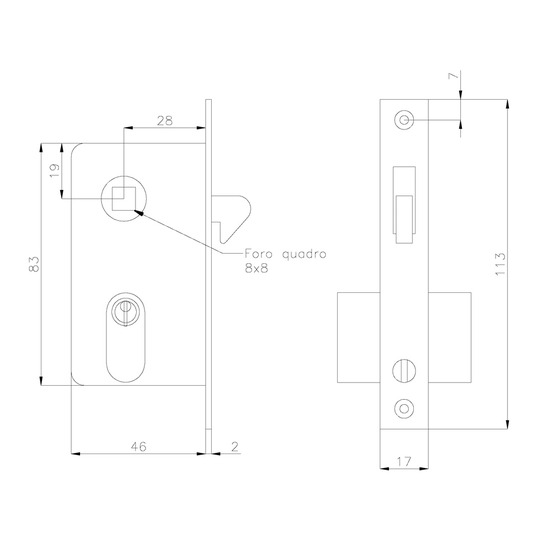 Serrure Olcese Ricci pour portes coulissantes 83x17 mm