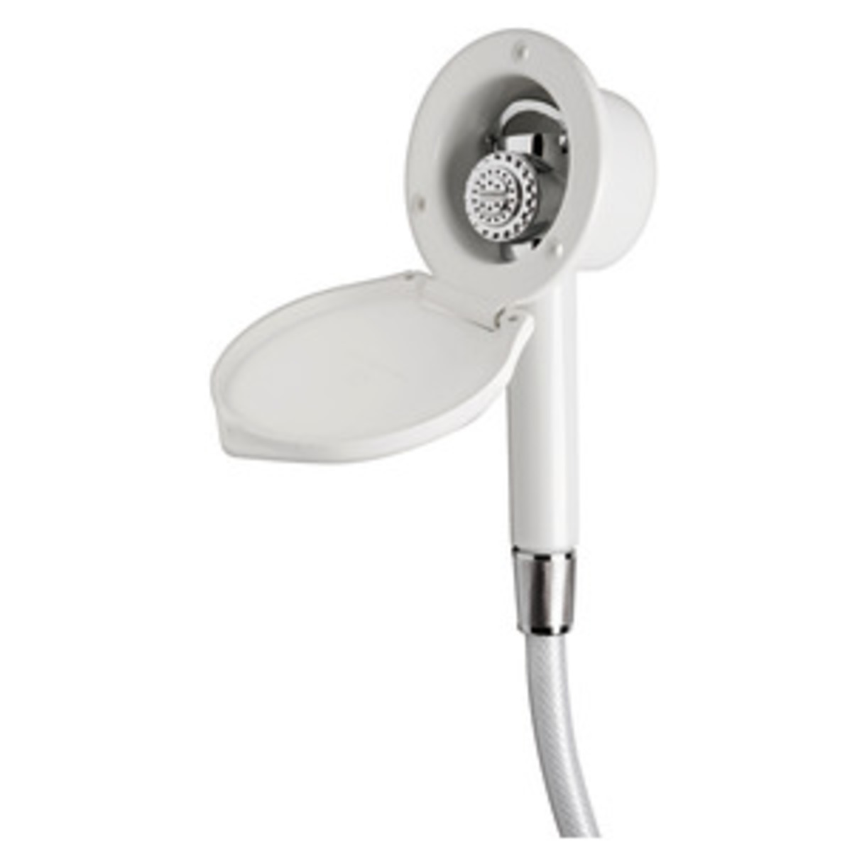 Cabine de douche murale élégante Osculati avec douche à bouton-poussoir Mizar - Douche blanche élégante avec tuyau PVC de 4 m au mur