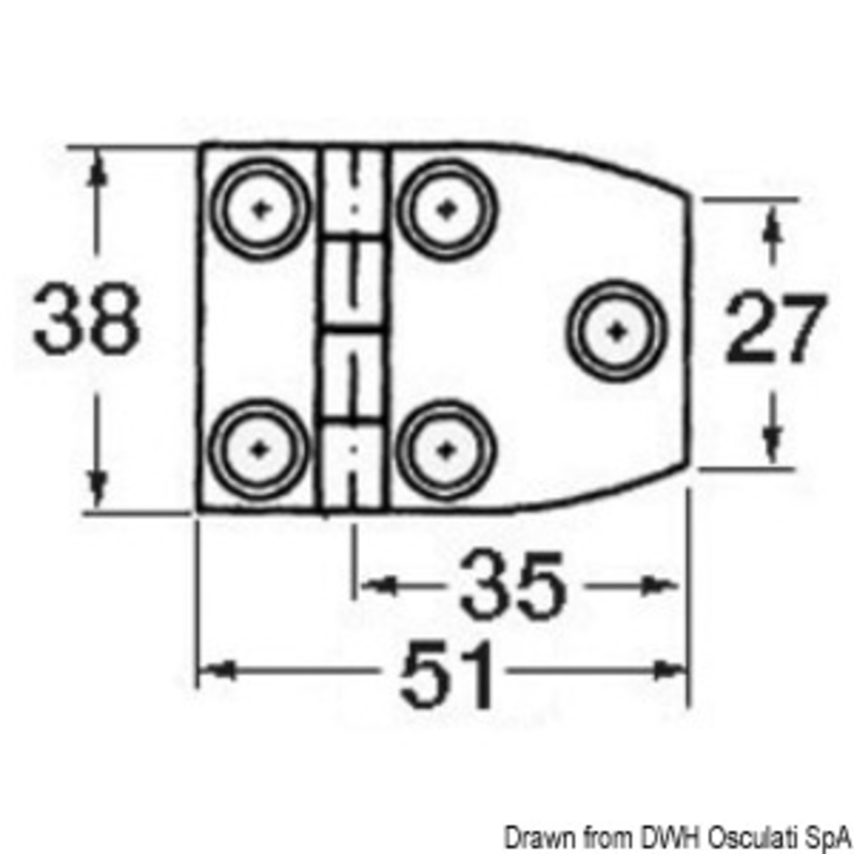 Geküsstes Scharnier 1,7 mm - Blindes Trapezscharnier aus Edelstahl 51x38 mm