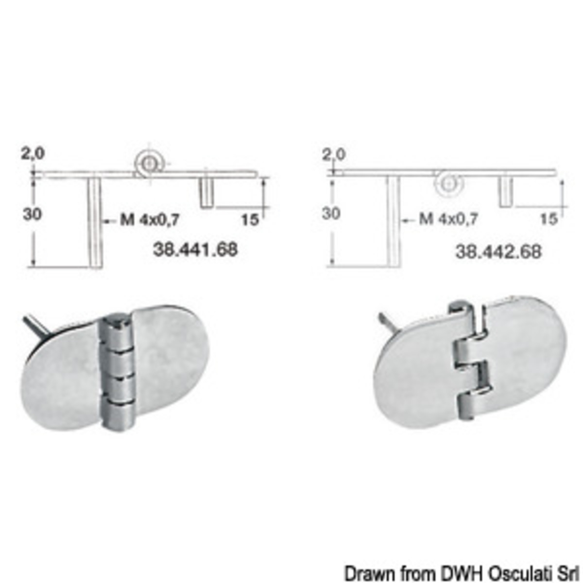 Osculati-Scharniere mit Bolzen - Edelstahlscharnier 68,5x38,5 mm