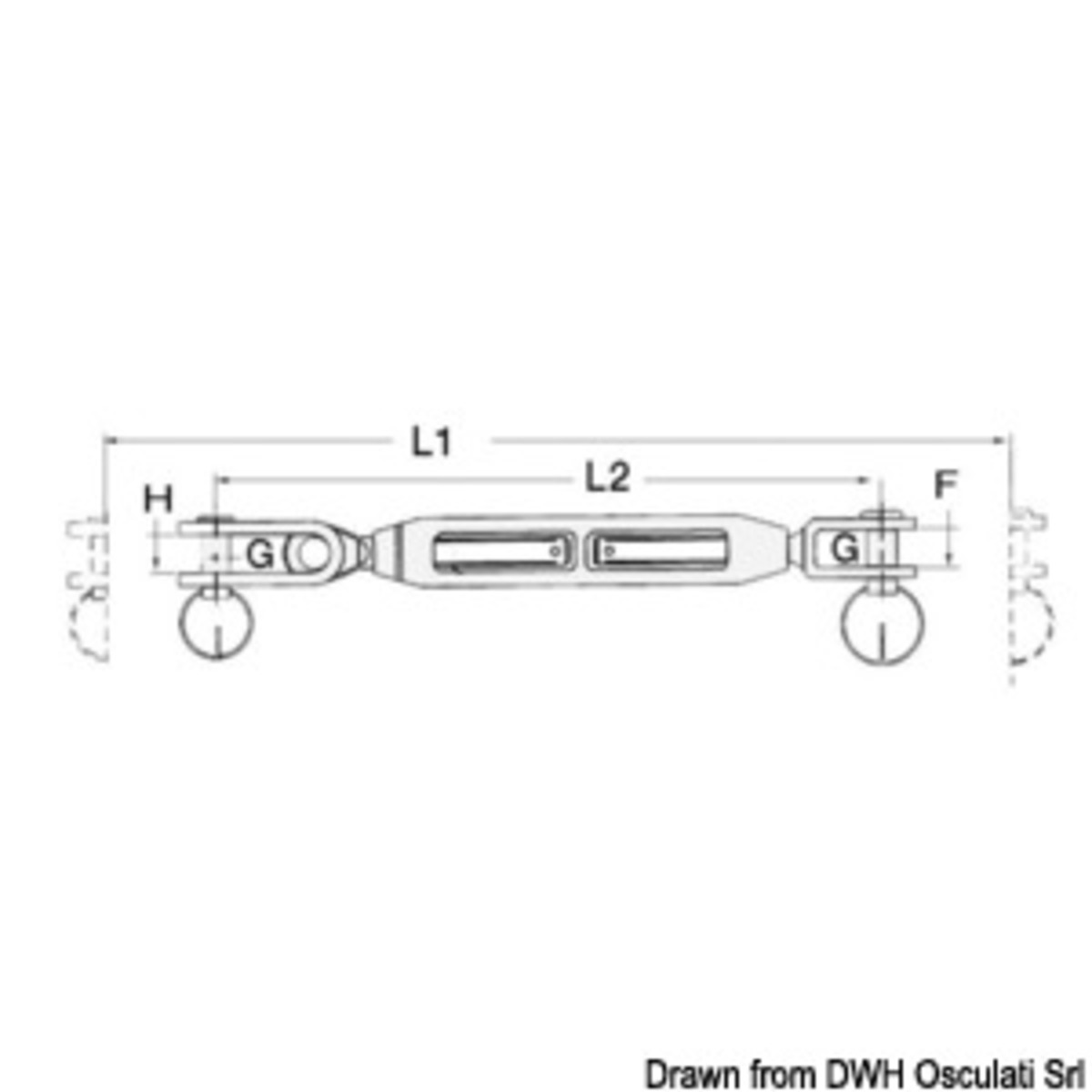 Embrassé par le tenseur à travers le paquet avec canule ouverte en Acciaio Inox - Tendeur de gréement fourche fixe 1/2 pouce câble 7 mm